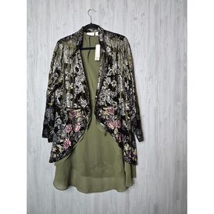 Chico’s NWT Floral Velvet Jacket Olive Green Embroidered Open Front Size 2 Large